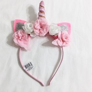 NEW Flowers Pink, White, & Silver Unicorn Girls Kids Headband Ears